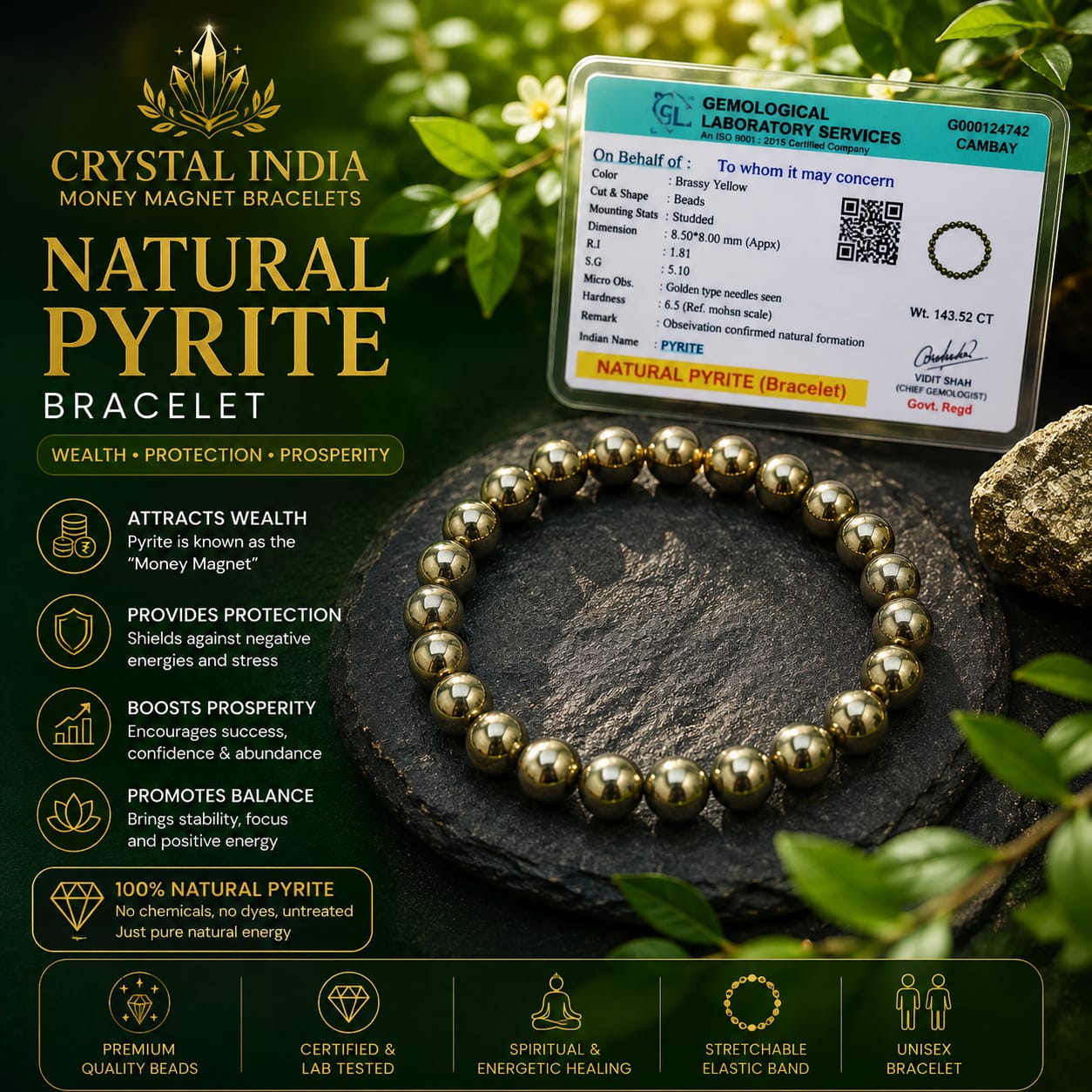 Natural Pyrite "Money Magnet" Bracelet – Certified Gemstone Bracelet for Wealth, Prosperity & Protection