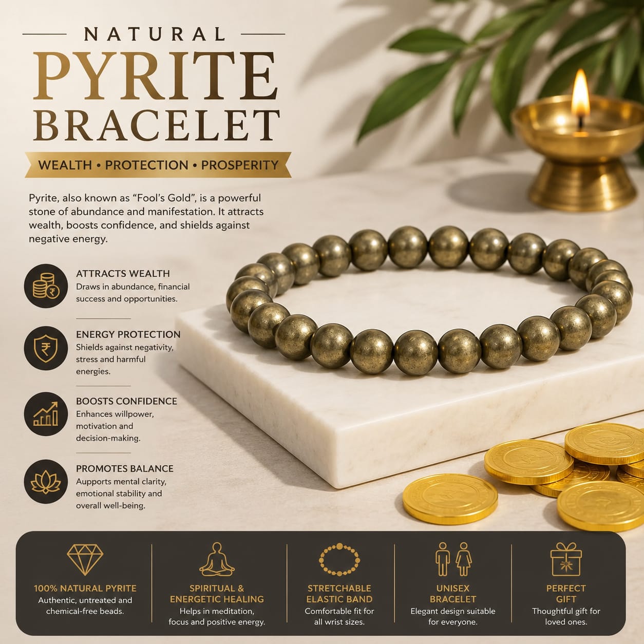 Natural Pyrite "Money Magnet" Bracelet – Certified Gemstone Bracelet for Wealth, Prosperity & Protection