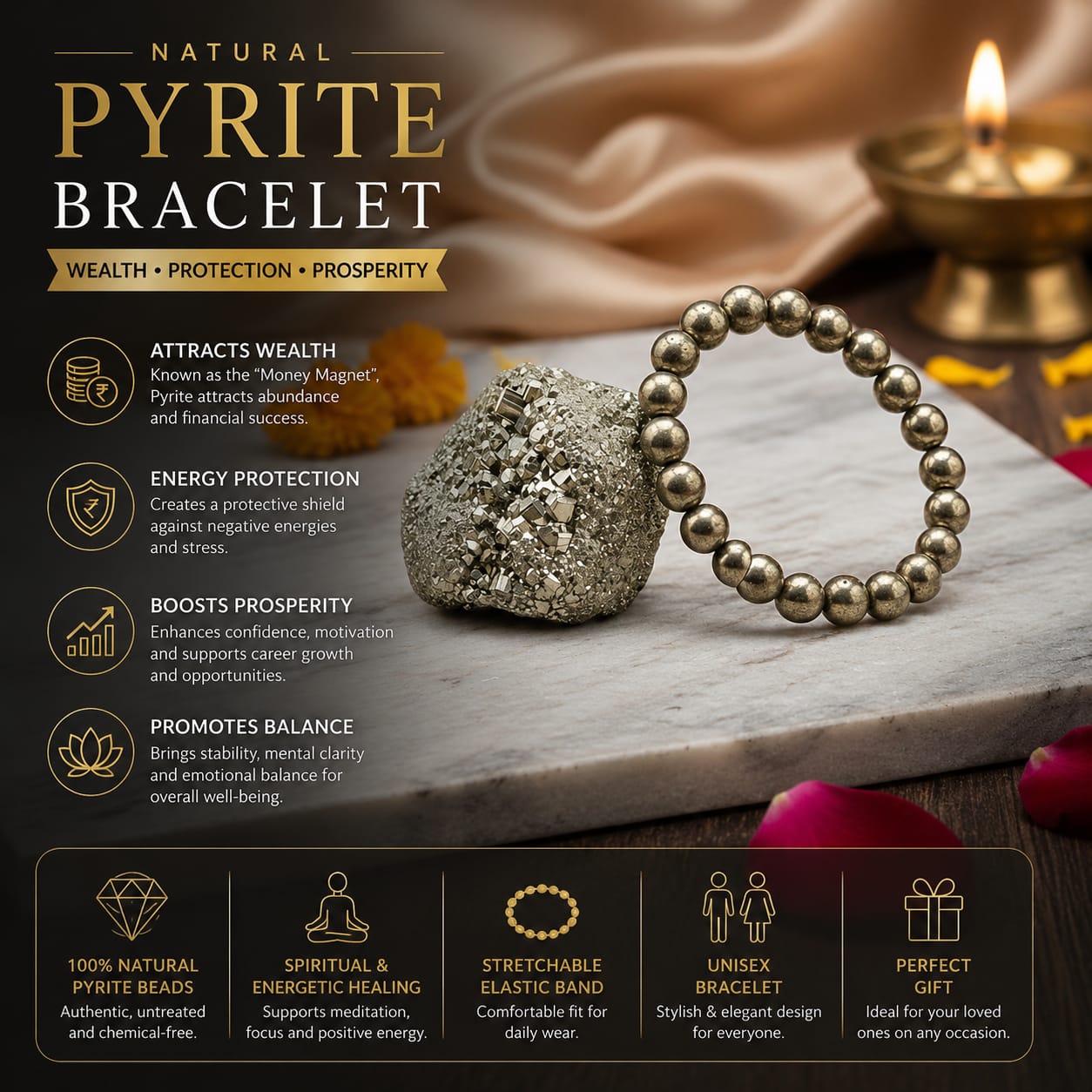 Natural Pyrite "Money Magnet" Bracelet – Certified Gemstone Bracelet for Wealth, Prosperity & Protection